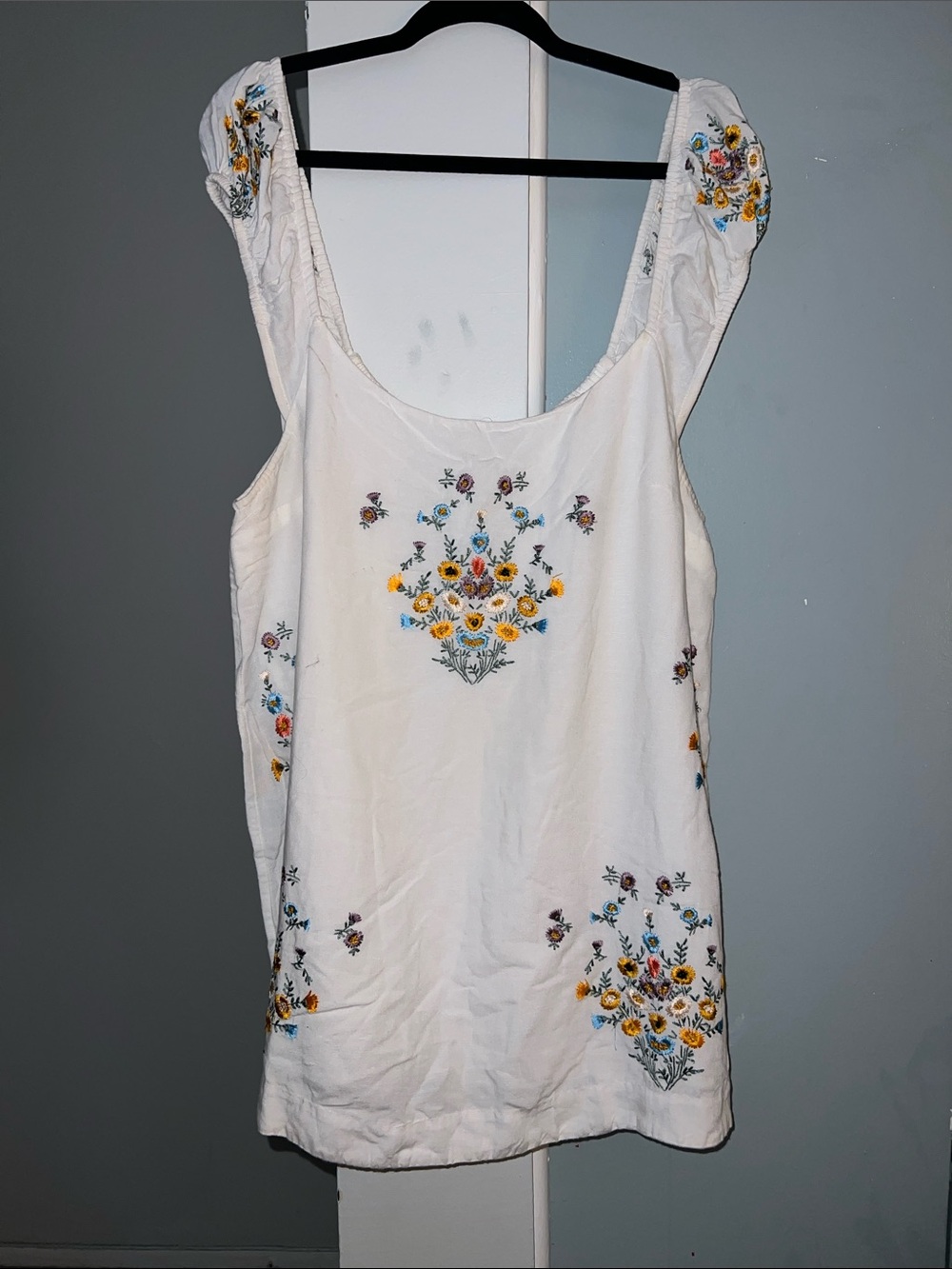 Free People White Mini Dress with Yellow & Blue Floral Embroidery